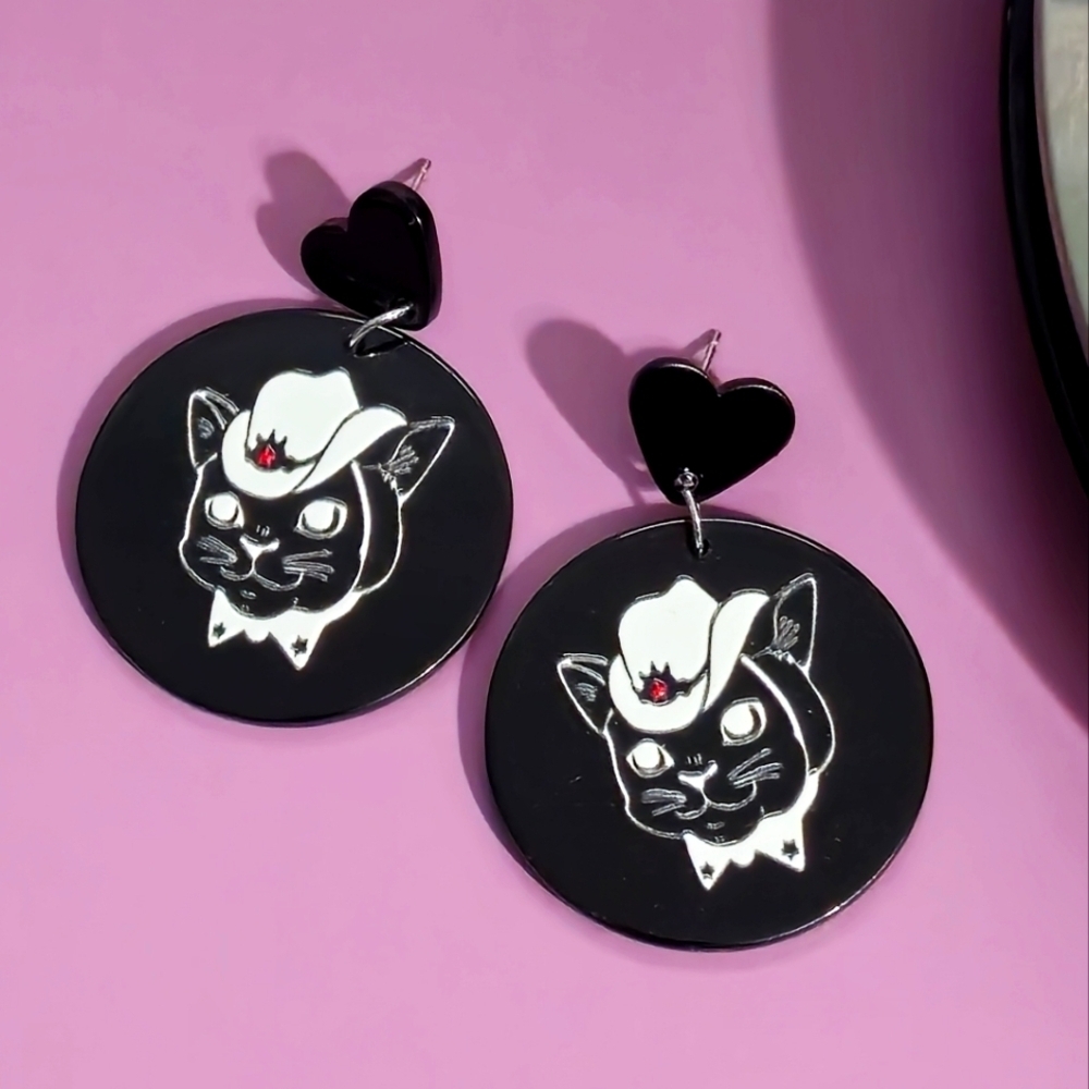 Sterling Silver 925 Black Cat With Cow boy Hat Earrings Stud